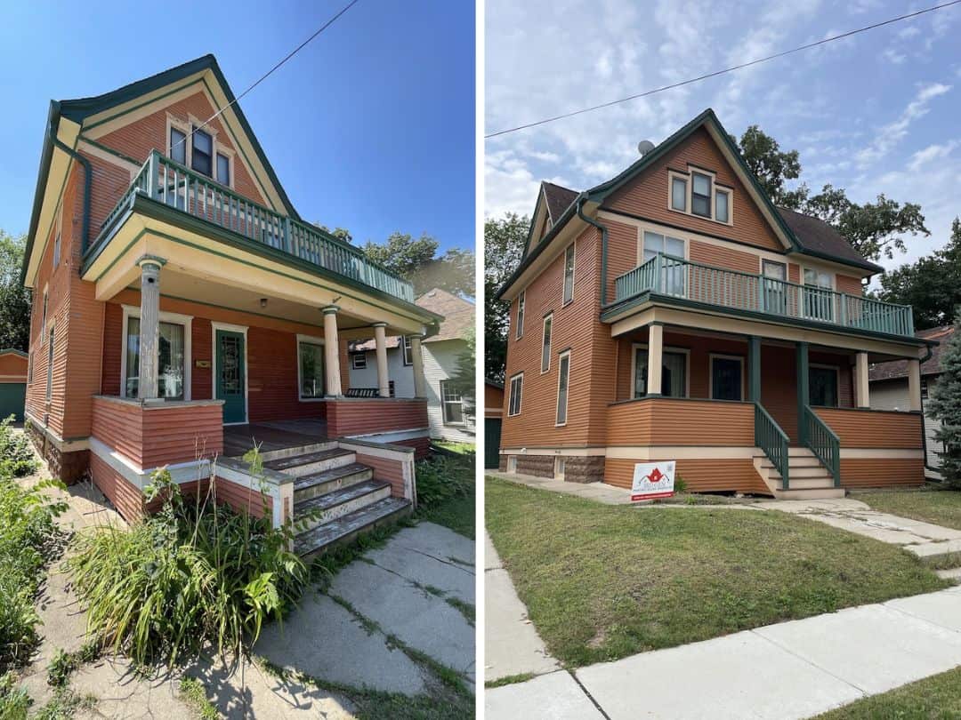 Left side shows an orange historic home with peeling paint & a crumbling porch. The left side shows the house after a full porch rebuild & exterior paint job. 