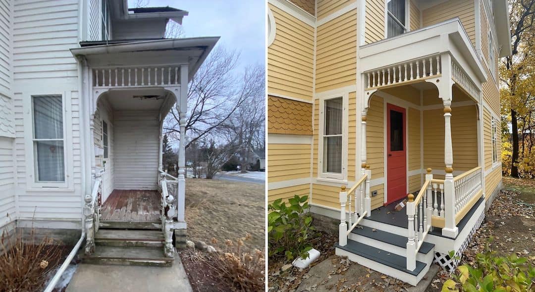 Side by side before and after photos of a victorian home near Madison WI. On the left is a white house with peeling paint. On the right, the after photo, is a bright yellow home with a beautiful red door, navy porch floor, and white trim.
