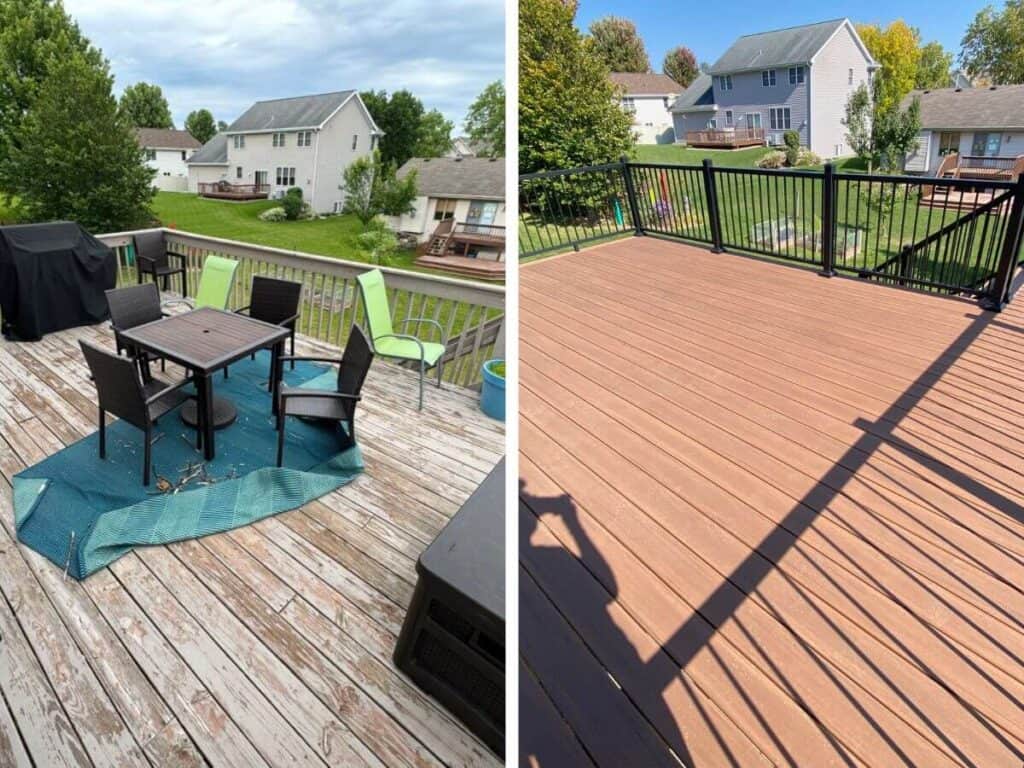 Before and after photos of a wood deck rebuilt using TimberTech Advanced PVC.