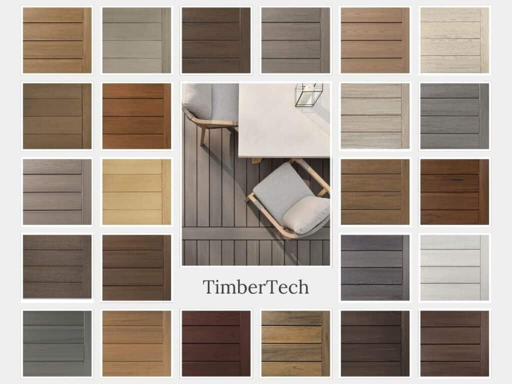 Chart showing off 24 of the 38 TimberTech decking colors with an image in the center showing the decking installed in the color Castle Gate.
